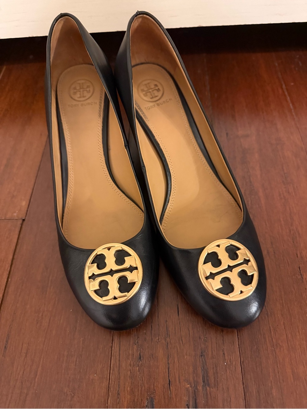 Tory Burch Black Leather Flats with Gold Logo Medallion